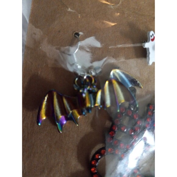 Halloween Earrings Set of 3 Ghost Studs Iridescent Dangle Bats & Rhinestone Boo - Picture 3 of 5